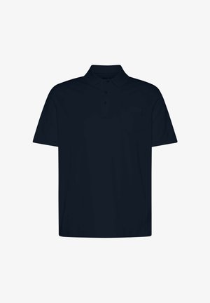 Schwarzes Poloshirt mit kurzen Ärmeln, Drei-Knopf-Leiste und Kragen, flach auf weißem Hintergrund liegend dargestellt.