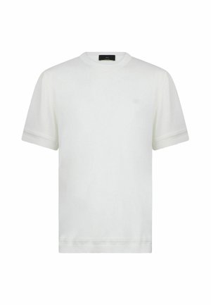 T-shirt blanc uni à manches courtes avec col rond, logo discret sur la poitrine et revers pliés, présenté sur un fond blanc uni.