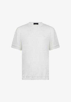 T-shirt blanc uni à manches courtes avec col rond, logo discret sur la poitrine et revers pliés, présenté sur un fond blanc uni.
