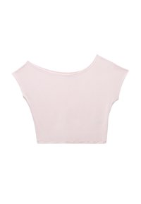 Lyserød cropped top med en bred, off-shoulder halsudskæring, korte ærmer og en blød, glat bomuldsstruktur.