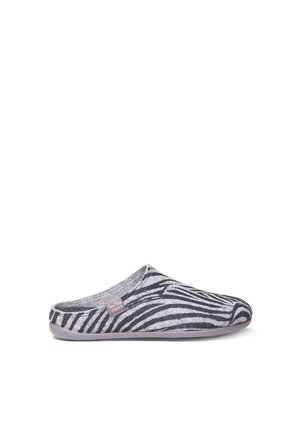 Gray slippers featuring a zebra pattern, constructed from soft felt material with a rounded toe and a durable rubber sole.