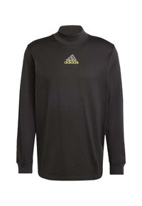Black long-sleeve turtleneck with a smooth texture, featuring a small white and yellow Adidas logo on the chest.
