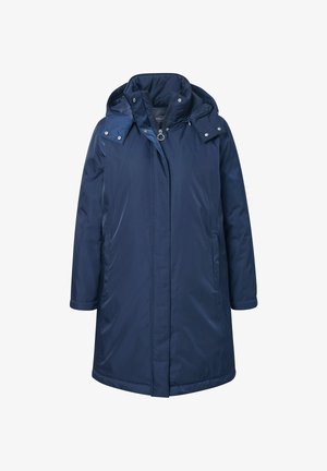 Granatowa, pikowana kurtka z odpinanym kapturem, zamek błyskawiczny, boczne kieszenie i napy. Gładka, błyszcząca powierzchnia z długością do kolan.