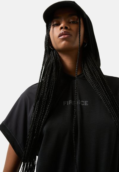 Black hoodie with a short-sleeve design. Features a hood and a crystal-studded "FIRICE" text detail on the front. Smooth texture.
