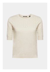 Jasnobeżowy dzianinowy sweter z krótkimi rękawami, z fakturowanym wzorem na górnej części i gładką dolną częścią.