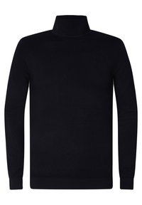 Schwarzer Rollkragenpullover aus weichem Strickstoff. Mit langen Ärmeln und einer taillierten Silhouette, sowie gerippten Akzenten am Kragen und Saum.