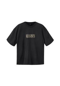 Schwarzes T-Shirt mit kurzen Ärmeln und dem Schriftzug "ALLSAINTS" in großen beigen Buchstaben mittig auf der Vorderseite gedruckt.