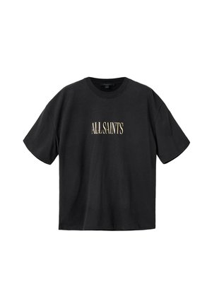 Sort T-shirt med korte ærmer og "ALLSAINTS" trykt med store beige bogstaver centreret på forsiden.