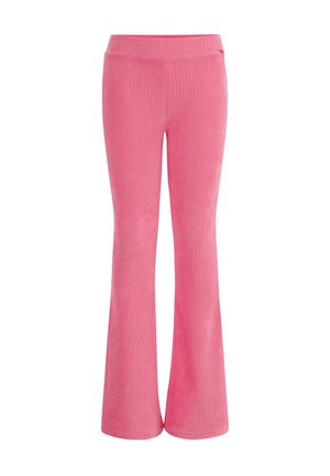 Pantalones de campana rosas con una cinturilla ajustada. La tela tiene una textura suave, con rayas verticales a lo largo de toda su longitud.