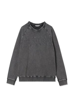 Felpa in cotone grigia con logo "GUESS" in rilievo sulla parte anteriore, colletto rotondo e polsini a costine. Finitura usurata con cuciture visibili.