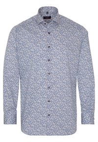 Camicia abbottonata in tessuto bianco con motivo floreale blu, caratterizzata da un colletto a torta e bottoni marroni. Maniche lunghe con polsini singoli.