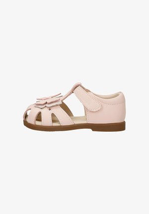 Sandalo da bambino rosa chiaro con decorazione floreale, punta aperta, cinturino regolabile con velcro e suola piatta marrone.