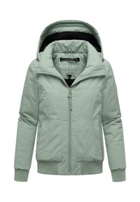 Light green padded jacket with a hood, front zipper, ribbed cuffs, and side pockets; features a logo on the inside lining.