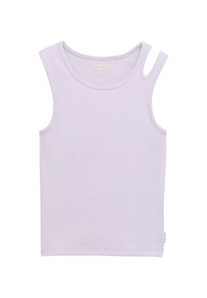 Ärmelloses helllila geripptes Tanktop mit doppeltem dünnem Träger auf der rechten Schulter und rundem Ausschnitt.