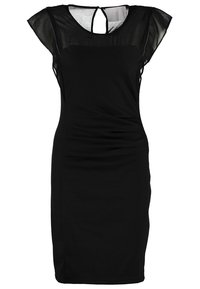 Robe noire longueur genou avec manches courtes transparentes, empiècement transparent, taille cintrée et petite fermeture par bouton en forme de trou à l'arrière du col.