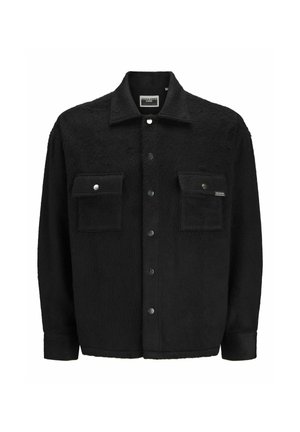 Black fleece jacket with a textured finish, featuring two chest pockets, snap button closures, and a classic collar design.