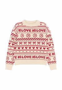 Pulover crem cu modele țesute roșii, inclusiv textul "IS LOVE IS LOVE," inimi și motive festive. Guler și manșete ribbate.