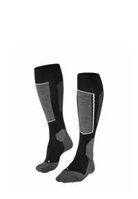 Calze fino al ginocchio con una combinazione di colori nero e grigio, caratterizzate da una texture imbottita, un tallone rinforzato e accenti in contrasto.