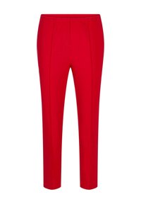 Helle rote, taillierte Hosen mit Vordernahtdetails und hoher Taille, vor einem weißen Hintergrund präsentiert.