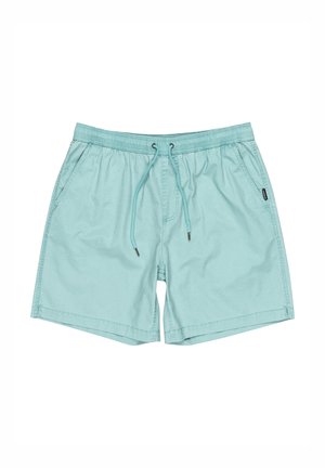 Light blue swim shorts made of soft fabric. Features an elastic waistband with adjustable drawstring and side pockets.