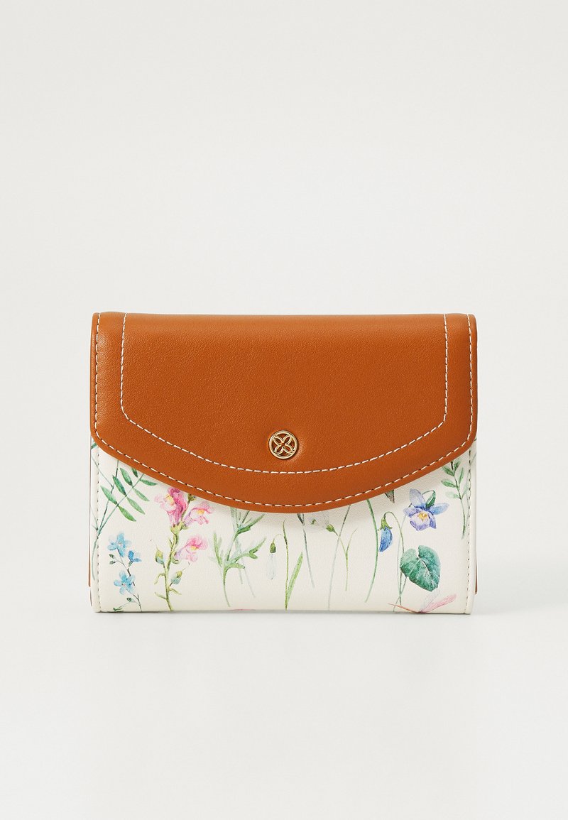 Floral-patterned wallet in cream with a smooth brown leather flap. Features gold accents and white stitching for contrast. Compact and rectangular shape.