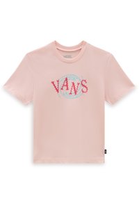 Camiseta de algodón rosa con un gráfico circular azul y letras rojas que dicen "VANS", de mangas cortas y escote redondo.