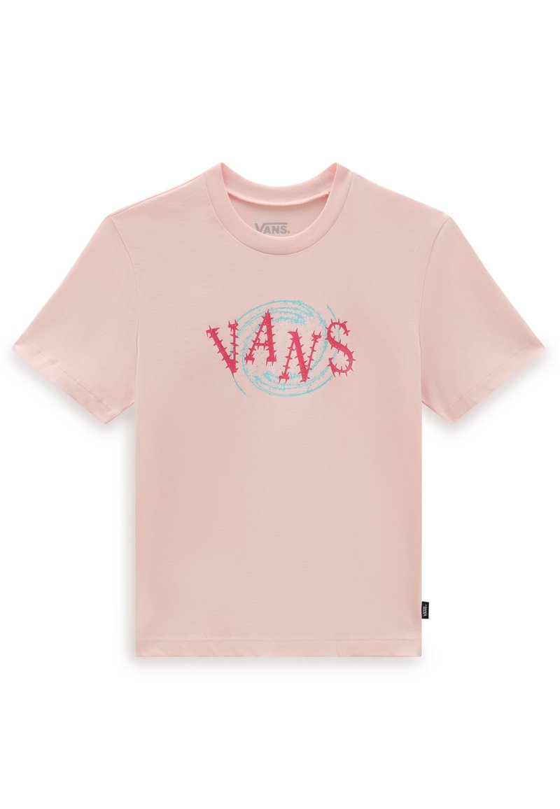 Camiseta de algodón rosa con un gráfico circular azul y letras rojas que dicen "VANS", de mangas cortas y escote redondo.