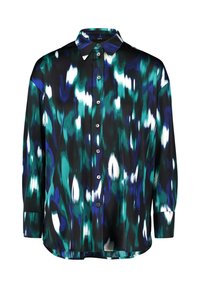 Camicia a maniche lunghe in tessuto leggero, caratterizzata da un motivo astratto multicolore in verde, blu, nero e bianco. Design con bottoni davanti.