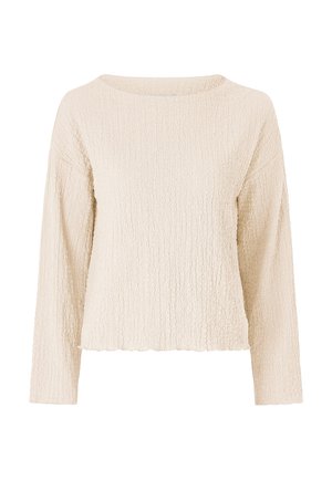 Roomkleurige, langarmige top van gestructureerde gebreide stof met een ronde halslijn en een iets cropped, golvende zoom.