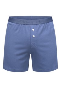 Blauwe katoenen boxershorts met een elastische tailleband, voorzien van een subtiel geperst logo. Twee witte knopen aan de voorkant en een kruissteekdetail.