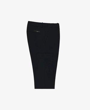 Pantaloni neri con una texture liscia, dotati di una tasca laterale e di una discreta etichetta con logo. Design a gamba dritta senza decorazioni.