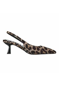 Slingback shoe with a pointed toe, leopard print fabric in brown and beige, low black heel, and open back design.