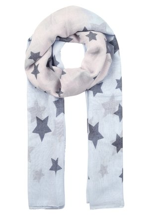 Lichte sjaal met donkergrijze sterpatronen, losjes bovenaan gedraaid en recht hangend op een witte achtergrond.