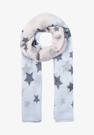 Lichte sjaal met donkergrijze sterpatronen, losjes bovenaan gedraaid en recht hangend op een witte achtergrond.