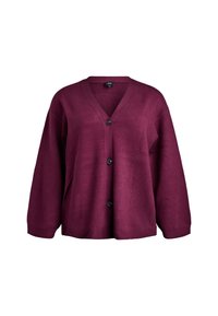 Svetr v švestkové barvě s knoflíky, V-výstřihem, dlouhými rukávy a volným, pohodlným střihem.