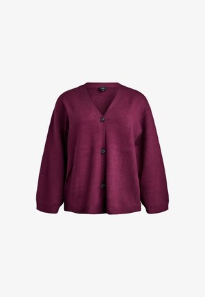 Plum-colored button-up cardigan with V-neck, long sleeves, and a loose, relaxed fit.