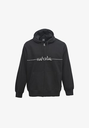 Czarna bluza z kapturem na zamek błyskawiczny, z kieszeniami z przodu i białym napisem "Kaporal" na klatce piersiowej, z sznurkami i kapturem.
