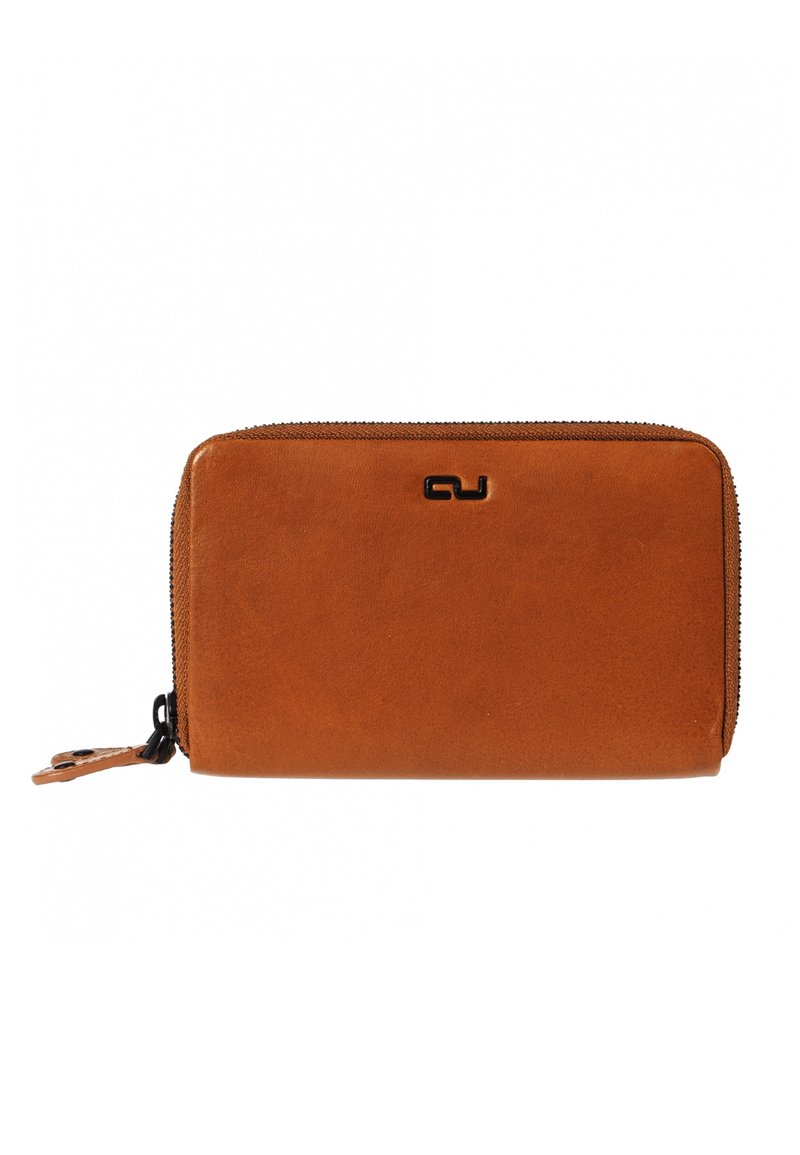 Tan leather wallet with a smooth texture, rectangular shape, black zipper, and a prominently embossed logo on the front.