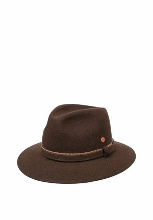 Brown felt fedora hat with wide brim and decorative braided band with small round copper emblem on the side.