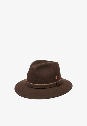 Brown felt fedora hat with wide brim and decorative braided band with small round copper emblem on the side.