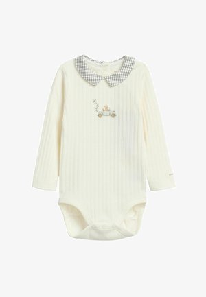 Langärmliger Baby-Body aus weichem, geripptem Creme-Stoff, mit kariertem Kragen und einem kleinen bestickten Traktor-Design.