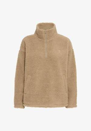 Beige fleece pullover with half-zip, high collar, and side pockets; features a textured, soft surface and a relaxed fit.