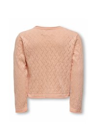 Cardigan lavorato a maglia di un leggero rosa con un motivo testurizzato, scollatura rotonda e maniche lunghe. Presenta una lunghezza cropped e orlo a coste.