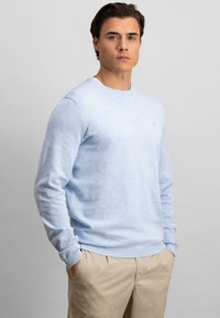 Lyseblå bomullsgenser med rund hals, lange ermer og ribbede mansjetter, vist over khakibukser. Myk tekstur, subtilt design.