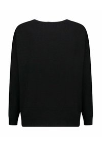 Maglione pullover nero realizzato in tessuto morbido, caratterizzato da una vestibilità comoda, maniche lunghe e ampia scollatura rotonda con orlo a costine.