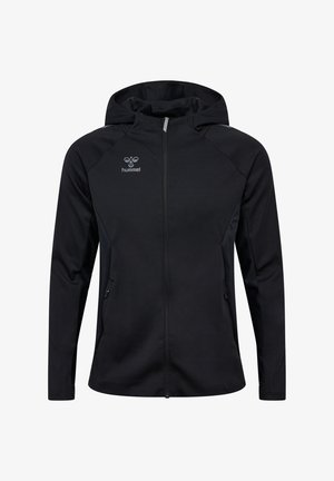 Giacca nera con cappuccio, realizzata in un tessuto morbido ed elasticizzato. Presenta una zip frontale, maniche raglan, tasche laterali e un logo sul petto.