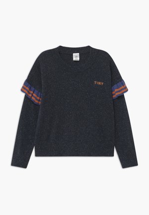 Marineblå strikket sweater med struktureret stof, rund hals og tætsiddende manchetter. Har flerfarvede stribede detaljer på ærmerne og "TINY" broderi.