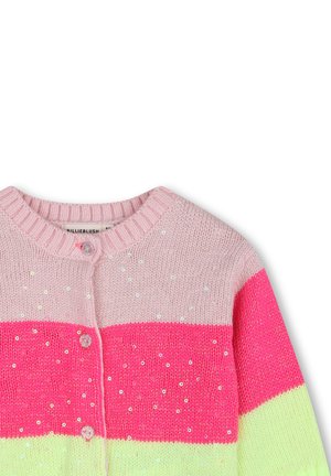 Cardigan tricoté avec de larges rayures horizontales en rose clair, rose vif et jaune pâle, décoré de petites paillettes brillantes et de boutons ronds.