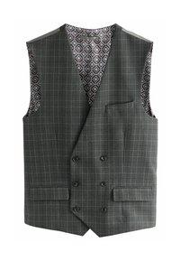 Gilet à carreaux gris avec un col montant, design à double boutonnage, deux poches avant et doublure à motifs en rouge foncé et ivoire.