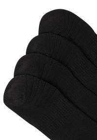 Black cotton socks arranged in layers, featuring a ribbed texture at the top and smooth body, with a rounded toe design.